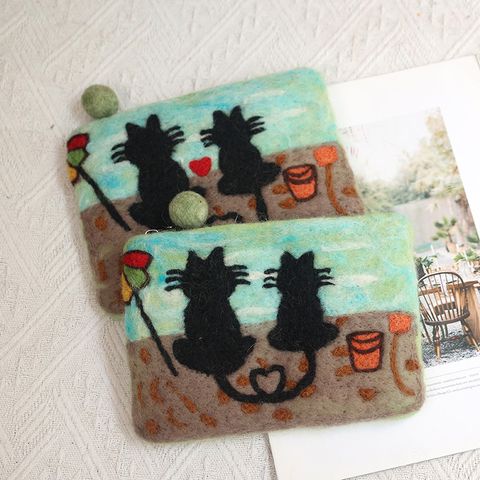 Unisex Cat Wool Felt Zipper Coin Purses