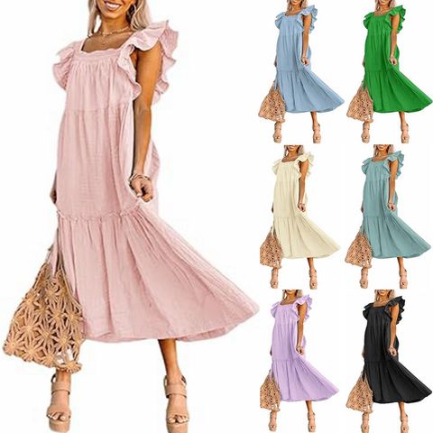 Women's Regular Dress Simple Style Square Neck Lettuce Trim Short Sleeve Solid Color Midi Dress Holiday Daily
