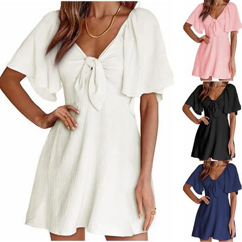 Women's Regular Dress Sexy V Neck Bowknot Short Sleeve Solid Color Above Knee Holiday Daily