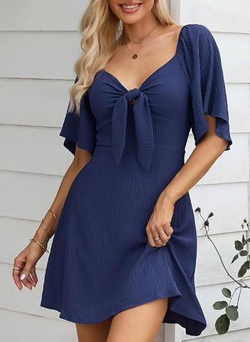 Women's Regular Dress Sexy V Neck Bowknot Short Sleeve Solid Color Above Knee Daily Date