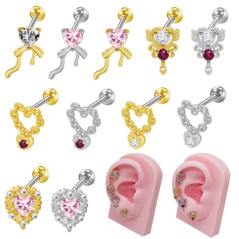 1 Piece Ear Cartilage Rings & Studs Cute Shiny Heart Shape Bow Knot 316 Stainless Steel  Copper Inlay Glass Pearl Zircon White Gold Plated Gold Plated Ear Cartilage Rings & Studs