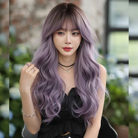 Wig Women's Long Curly Hair Gray Purple Head Dyed Fashion Head Cover Chemical Fiber Simulation Whole Top Pullover Wig Wholesale