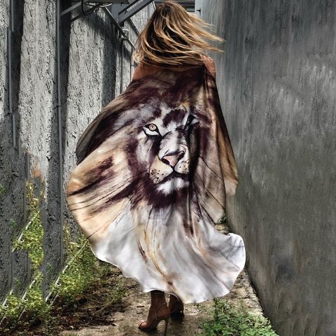 Women's Swing Dress Streetwear Collarless Printing Long Sleeve Stripe Lion Leopard Midi Dress Daily