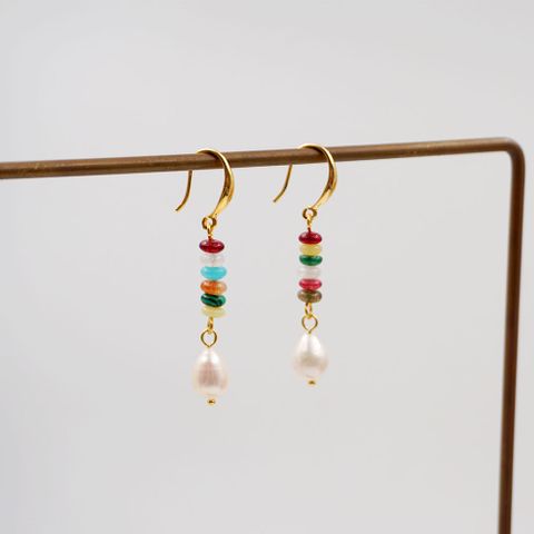 1 Pair Chinoiserie Casual Geometric Beaded Natural Stone Freshwater Pearl Copper Gold Plated Drop Earrings