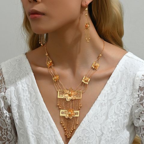 Elegant Bridal Tassel Solid Color Flower Iron Inlay Zircon 18K Gold Plated Women's Jewelry Set