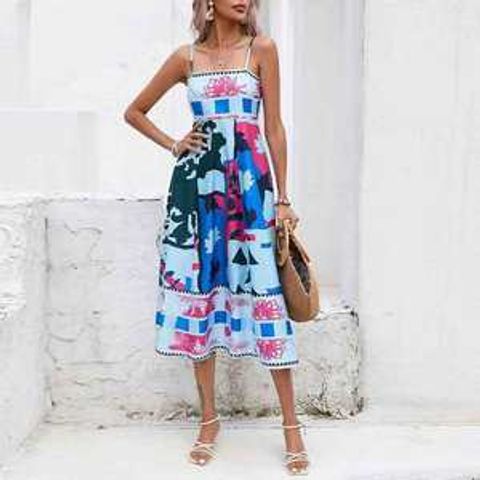 Women's Strap Dress Vacation Collarless Printing Sleeveless Printing Maxi Long Dress Holiday Beach