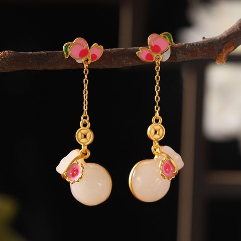 1 Pair Vintage Style Classic Style Peach Flower Copper 24K Gold Plated Drop Earrings