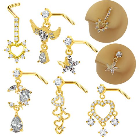 1 Piece Nose Rings & Studs Modern Style Simple Style Star Heart Shape Wings 316 Stainless Steel  Copper Plating Inlay Rhinestones Zircon Gold Plated Nose Rings & Studs