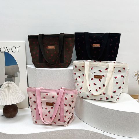Women's Medium Flannel Strawberry Cute Basic Bucket Zipper Shopping Bags