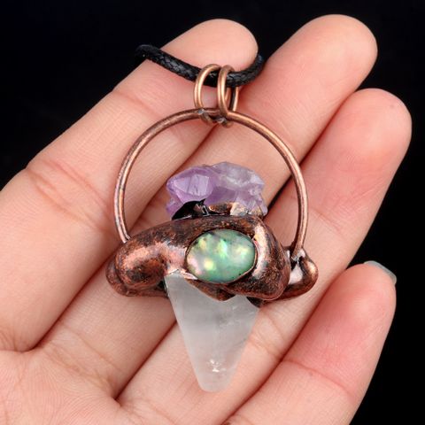 Natural Stone Rope Antique Bronze Retro Inlay Conical Abalone Shell Pendant Necklace