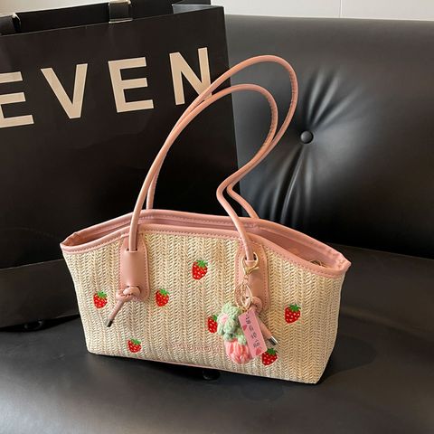 Women's Medium Straw Strawberry Vacation Beach Weave Zipper Straw Bag