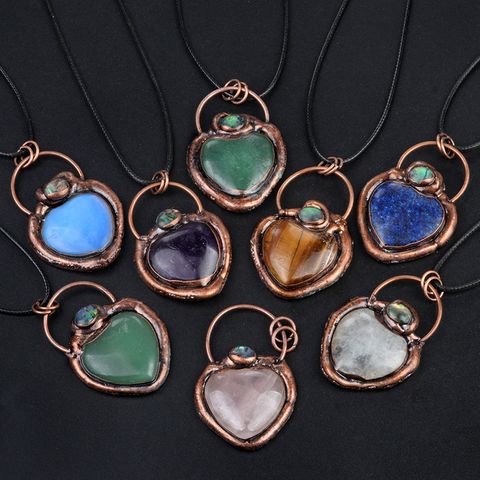Natural Stone Rope Antique Bronze Classical Retro Inlay Heart Shape Artificial Gemstones Natural Stone Abalone Shell Pendant Necklace