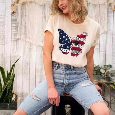 Women's T-shirt Short Sleeve T-Shirts Simple Style American Flag Butterfly
