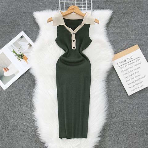Women's Sheath Dress Casual Turndown Button Sleeveless Solid Color Maxi Long Dress Daily