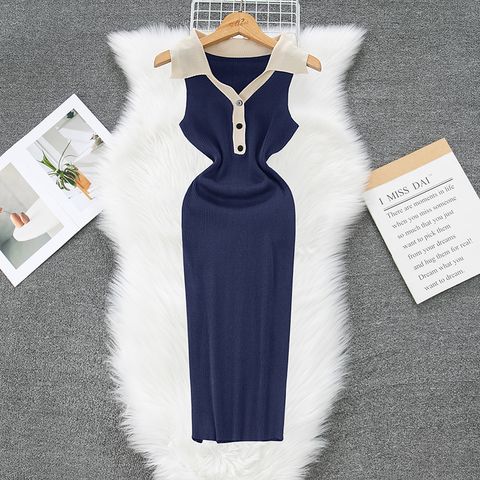 Women's Sheath Dress Casual Turndown Button Sleeveless Solid Color Maxi Long Dress Daily