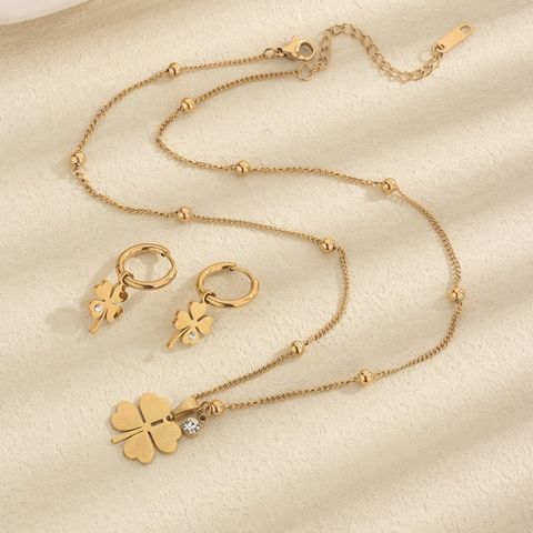 Titanium Steel 18K Gold Plated Elegant Lady Inlay Four Leaf Clover Artificial Rhinestones Earrings Necklace Jewelry Set