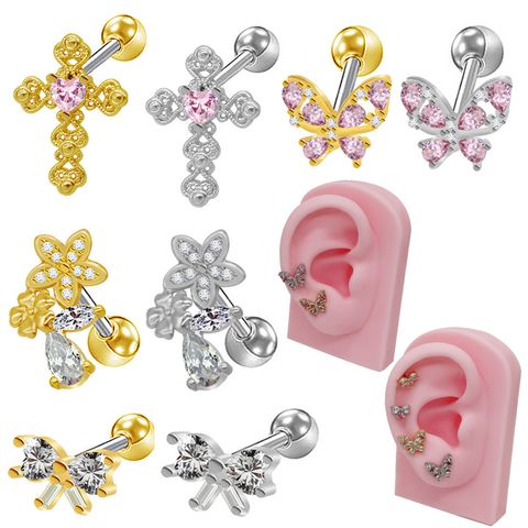 1 Piece Ear Cartilage Rings & Studs IG Style Simple Style Heart Shape Butterfly Bow Knot 316 Stainless Steel  Copper Inlay Glass Zircon White Gold Plated Gold Plated Ear Cartilage Rings & Studs
