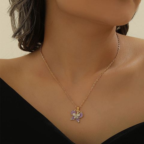 Wholesale Jewelry Elegant MAMA Romantic Letter Heart Shape Butterfly Alloy Rhinestones Enamel Inlay Pendant Necklace