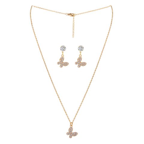 Elegant Simple Style Commute Butterfly Iron Inlay Rhinestones Gold Plated Women's Jewelry Set