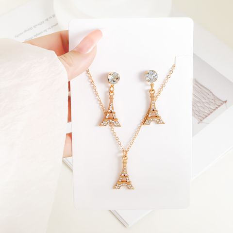 Elegant Simple Style Commute Tower Iron Inlay Rhinestones Gold Plated Women's Jewelry Set