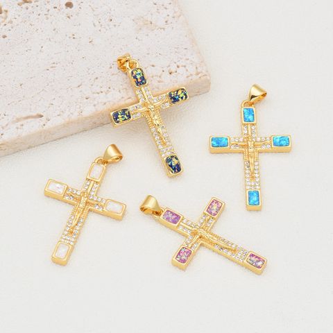 1 Piece 22*33mm Copper Zircon 18K Gold Plated Human Cross Polished Pendant