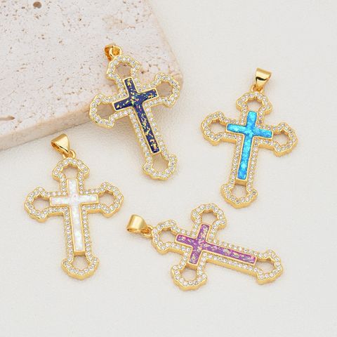 1 Piece 24*26mm Copper Zircon 18K Gold Plated Cross Polished Pendant