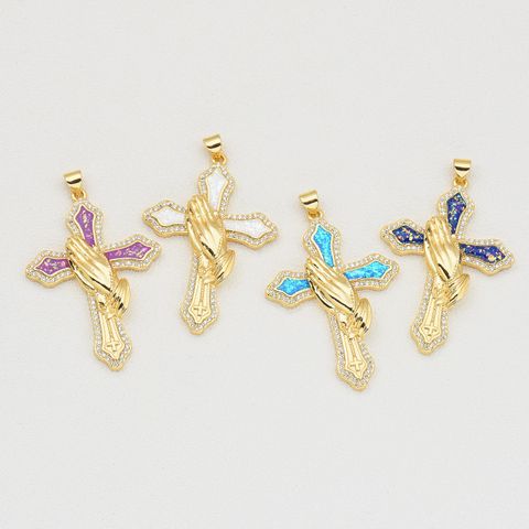 1 Piece 32*46mm Copper Zircon 18K Gold Plated Cross Gesture Polished Pendant