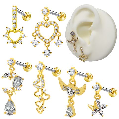 1 Piece Ear Cartilage Rings & Studs Sweet Simple Style Star Moon Heart Shape 316 Stainless Steel  Copper Hollow Out Inlay Rhinestones Glass Zircon Gold Plated Ear Cartilage Rings & Studs