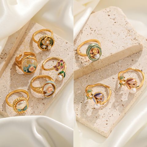 Freshwater Pearl Copper 18K Gold Plated Elegant Vintage Style Enamel Plating Inlay Flower Freshwater Pearl Open Rings