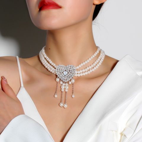 Wholesale Jewelry Elegant Wedding Sweet Heart Shape Imitation Pearl Rhinestones Silver Plated Beaded Inlay Choker