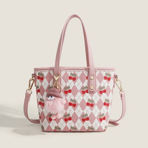 Women's Medium Pu Leather Cherry Argyle Cute Classic Style Zipper Tote Bag