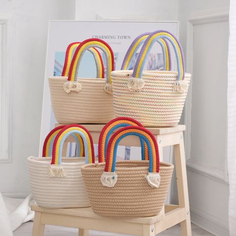 Women's Medium Cotton Rainbow Solid Color Vacation Beach Weave Bucket Open Straw Bag