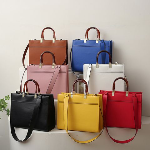 Women's Large Pu Leather Solid Color Vintage Style Classic Style Zipper Tote Bag