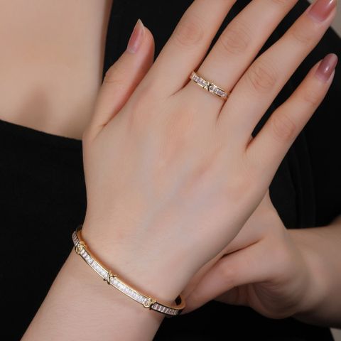 Copper 18K Gold Plated Elegant Lady Inlay Geometric Zircon Rings Bracelets