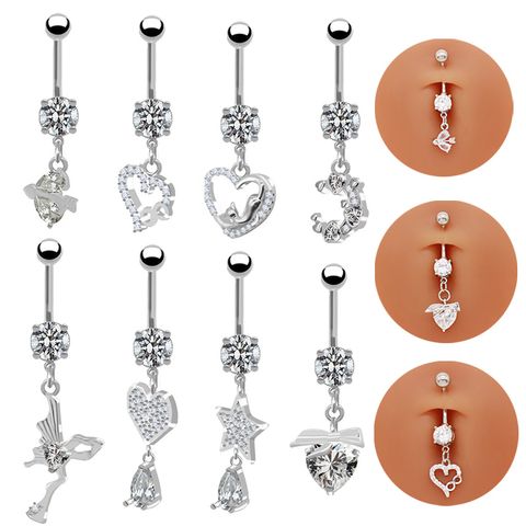 1 Piece Belly Rings Pastoral Shiny Star Moon Heart Shape 316 Stainless Steel  Alloy Plating Inlay Resin Rhinestones Glass White Gold Plated