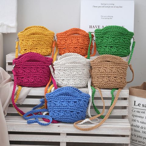 Women's Small Cotton Rope Solid Color Vacation Classic Style Weave Bucket Open Straw Bag