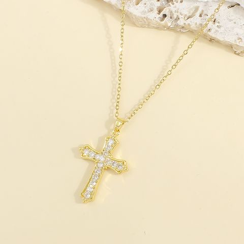 304 Stainless Steel 18K Gold Plated Elegant Lady Classic Style Plating Inlay Cross Zircon Pendant Necklace