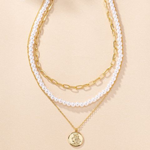 Wholesale Jewelry Elegant Vintage Style Round Coin Plastic Zinc Alloy Beaded Three Layer Necklace