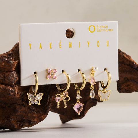 Copper 14K Gold Plated Yakemiyou Sweet Commute Inlay Cherry Flower Butterfly Acrylic Artificial Pearls Zircon Drop Earrings