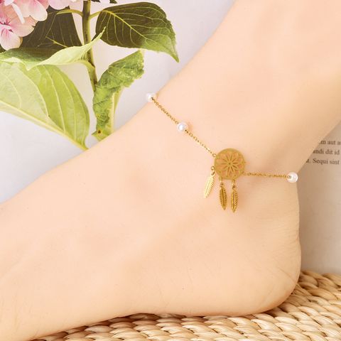 Casual Simple Style Tree Heart Shape Butterfly Titanium Steel Hollow Out Inlay Rhinestones Shell Women's Anklet