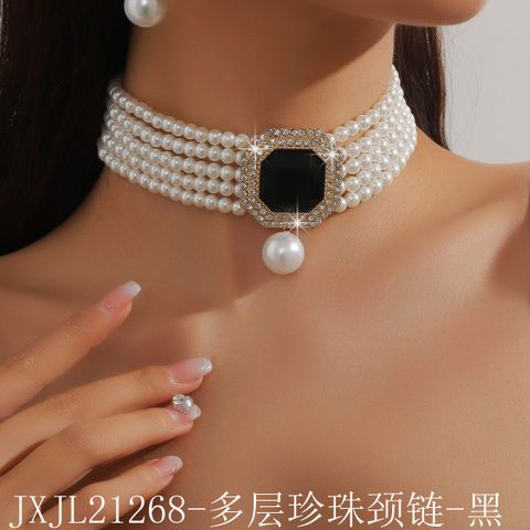 Elegant Glam Geometric Imitation Pearl Copper Crystal Zircon Women's Earrings Necklace Jewelry Set