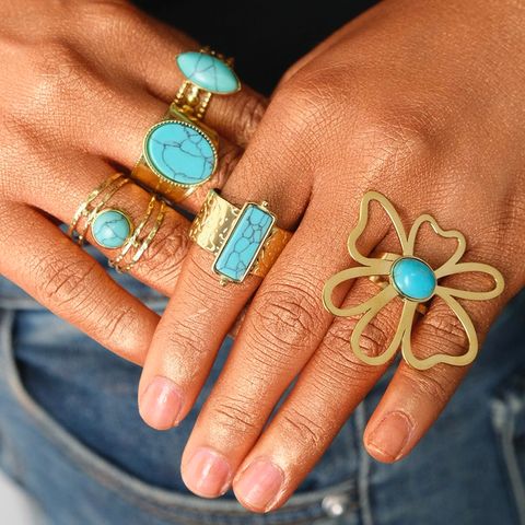 304 Stainless Steel 14K Gold Plated Vintage Style Roman Style Commute Plating Hollow Out Inlay Geometric Flower Turquoise Rings