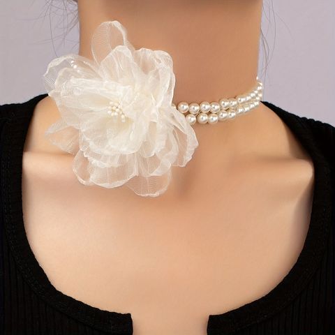 Imitation Pearl Cloth Elegant Lady Streetwear Beaded Flower Choker