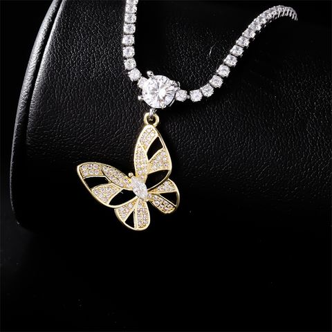 Wholesale Elegant Luxurious Butterfly Copper Plating Inlay K Gold Plated Rhodium Plated Zircon Pendant Necklace