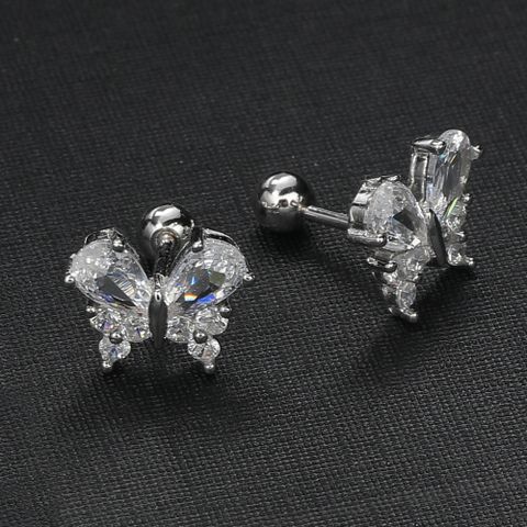 1 Pair IG Style Shiny Butterfly Plating Inlay Sterling Silver Zircon Ear Studs