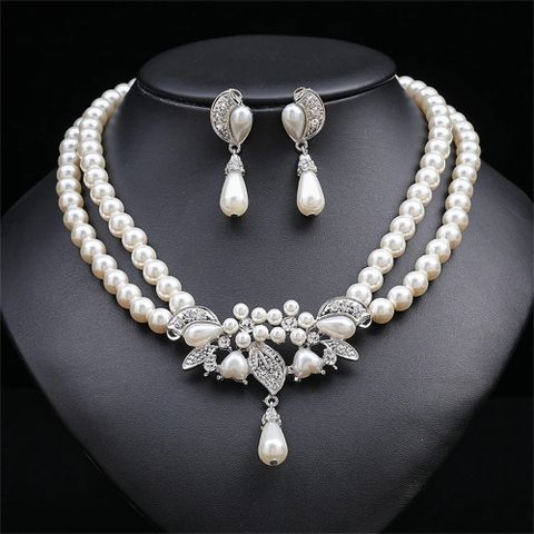Elegant Queen Round Imitation Pearl Alloy Beaded Alloy Pearl Gold Plated Women's Earrings Necklace Jewelry Set