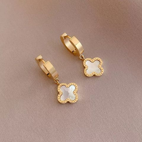 Titanium Steel 18K Gold Plated Basic Modern Style Classic Style Plating Inlay Four Leaf Clover Shell Earrings Necklace