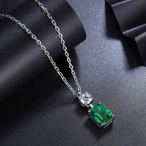 Sterling Silver Simple Style Classic Style Inlay Square Lab-grown Gemstone Pendant Necklace