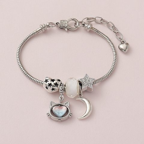 Wholesale Jewelry Cute Simple Style Moon Heart Shape Cat Alloy Copper Rhinestones Hollow Out Inlay Bracelets