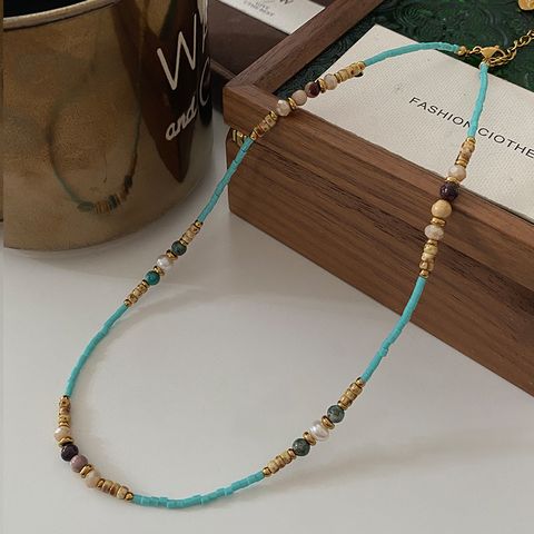 Simple Style Geometric Natural Stone Malachite Freshwater Pearl Necklace In Bulk